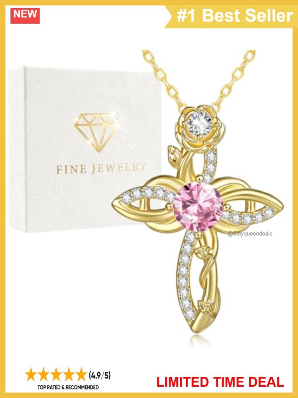 14k Gold Plated Rose Infinity Cross Birthstone Pendant Necklace